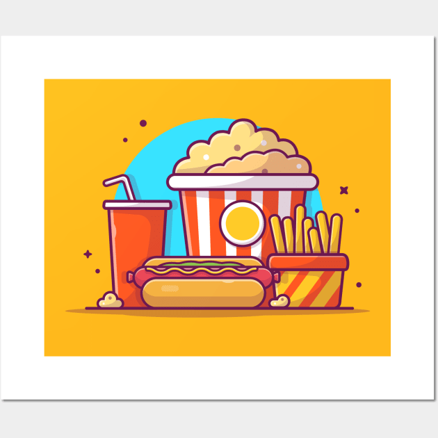 Tasty Combo Menu Hotdog with Popcorn, Soda and French Fries Cartoon Vector Icon Illustration Wall Art by Catalyst Labs